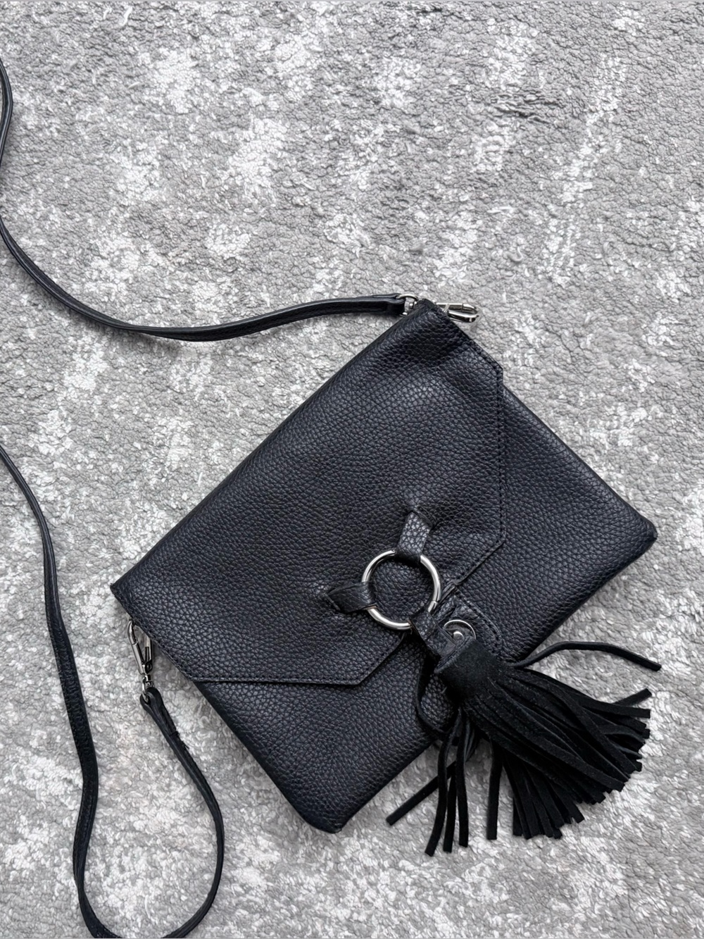 Street Level Black Pebble Leather Crossbody with Tassel Ring